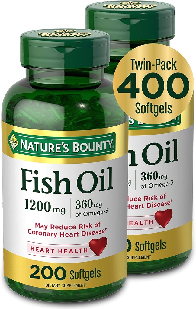Nature's Bounty Fish Oil, 360mg Omega-3の栄養補助食品, 心臓の健康をサポート, 1200mg, 200 Softgels (パッケージ 2)