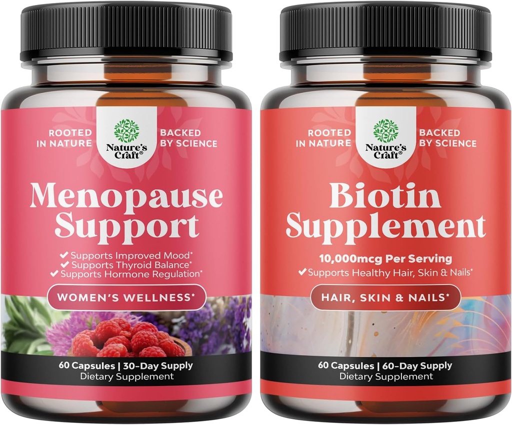 Bundle of Herbal Menopause Supplement for Women and 10000 mcg Pure Biotin Pills for Women & Men - Perfect for Estrogen Balance - Stop Hair Loss Thinning Natural Supplement