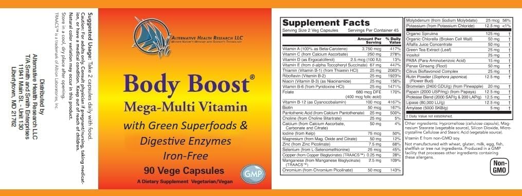 Iron-Free Mega Multivitamin and Mineral Supplement with Green Superfoods and Digestive Enzymes- Body Boost® by Alternative Health Research