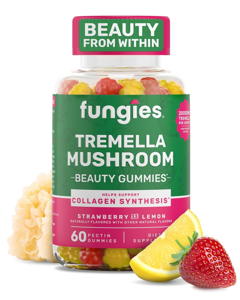 Fungies Tremellaのきのこのグミー、混合されたいちご及びレモン味 - 大人のサポートのためのマッシュルームの草の補足のガミー コラーゲンの統合、健康な皮及び健康な老化 - 美のグミー60のサービング