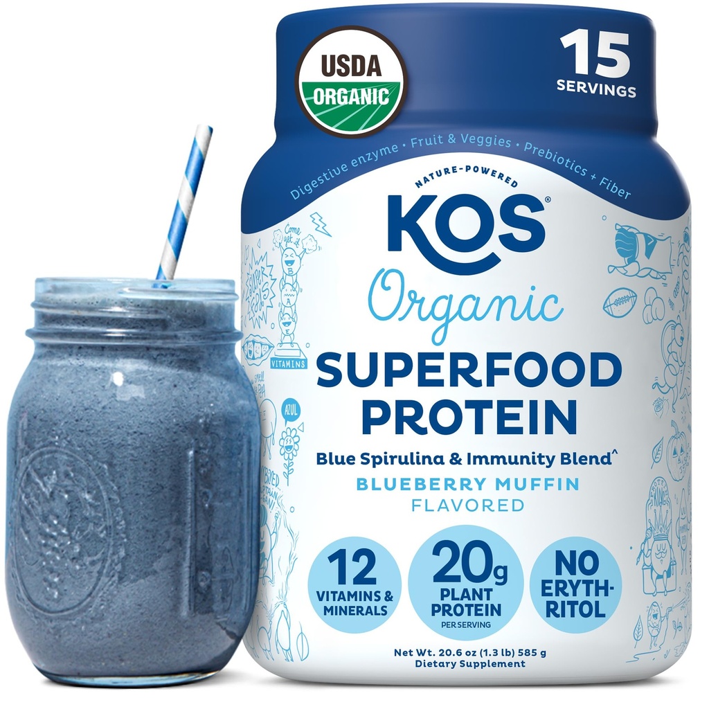 KOSの植物によって基づく蛋白質の粉、Blueberryのマフィン-Spirulinaおよび免疫サポート ブレンドが付いている有機性エンドウ蛋白質のスーパーフード。 大豆、グルテンフリー、酪農場無料 - 女性&男性のためのビーガンミールの交換 - 15のサービング