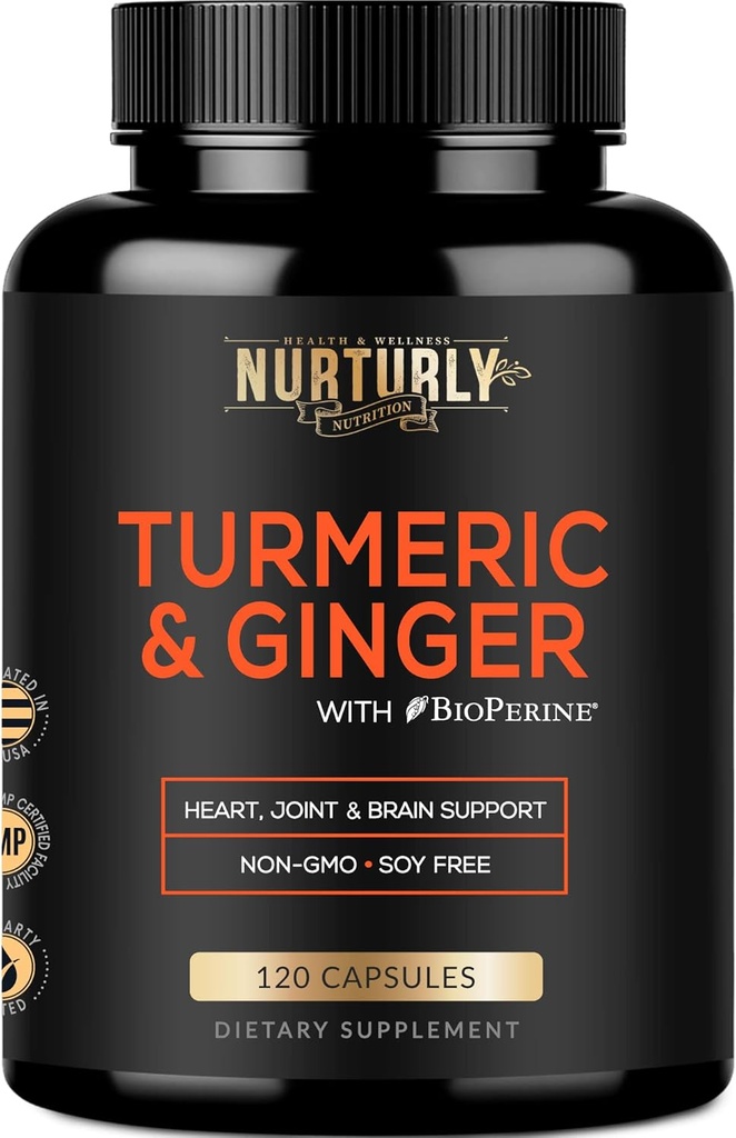 Turmeric Curcumin with BioPerine & Ginger, Black Pepper and 95% Curcuminoids - High Absorption Turmeric Supplements for Hearth Health - Non-GMO, Gluten Free - 120 Capsules