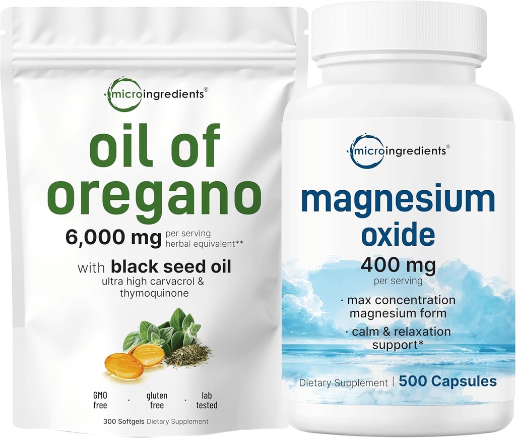 マイクロ成分 オレガノ軟ゲルの油 6,000mg/サービング&マグネシウム酸化物400mgの束パック | 4X強度カルバロール&チモキノン | 最大濃度の元素形態