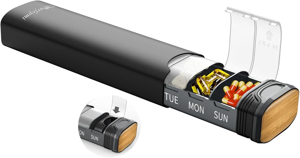 金属の週刊の丸薬のオルガナイザー、Serfeymiのアルミニウム毎日の丸薬箱(Spareのガスケットによって提供される)、7日の丸薬の場合旅行薬のオルガナイザー、ビタミン、丸薬、補足黒いのための個々のふたが付いている丸薬の容器