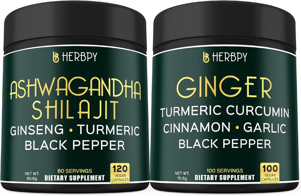 Bundle 5in1 Ashwagandha Shilajit & 5in1 Ginger Supplement - Support Heart, Digestion Health and Immune