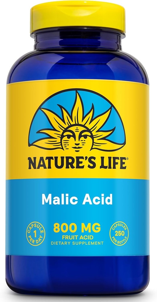 Nature's Life Malic acid Supplement 800 mg - 健康な筋肉機能とセルラーエネルギーサポート - 食物果実酸 - 60日返金保証、ラボ検証 - 250 人前、250 カプセル