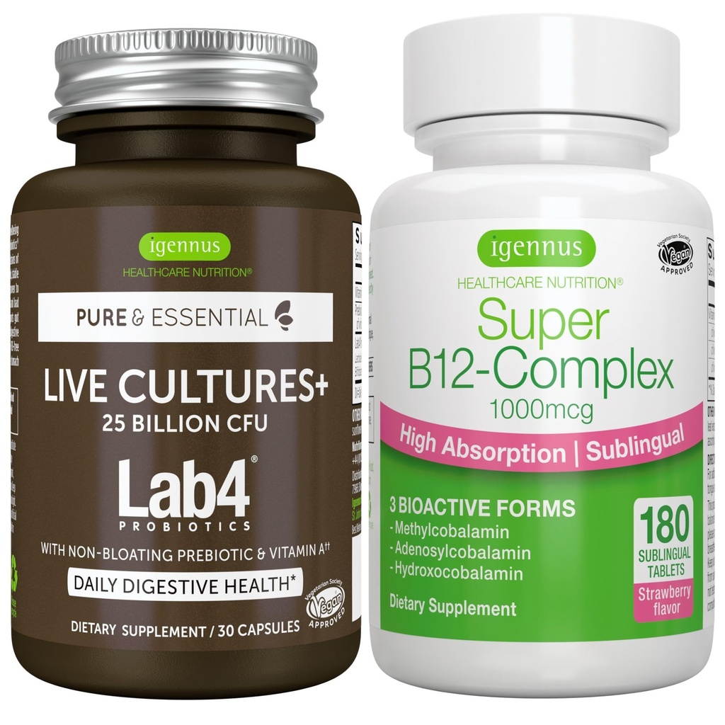 ライブカルチャー+ Lab4 Probiotics +スーパーB12コンプレックス, ビーガンバンドル, 25 Billion CFU Lactobacillus および Bifidobacterium + 高吸収性皮下B12, イゲンヌスによる