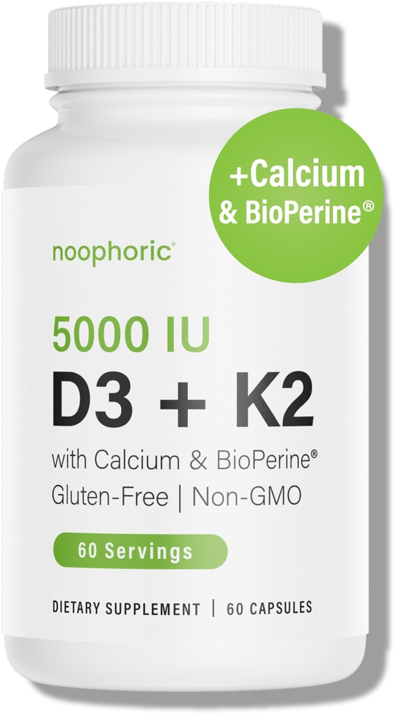 Noophoric D3 K2ビタミン5000 IU - ビタミンK2 100 mcg MK7、Calcium、BioPerine - 骨の健康と免疫サポートサプリメント - グルテンフリー、非GMO - ビタミンD3 K2サプリメント(60のサービング)