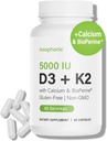 Noophoric D3 K2ビタミン5000 IU - ビタミンK2 100 mcg MK7、Calcium、BioPerine - 骨の健康と免疫サポートサプリメント - グルテンフリー、非GMO - ビタミンD3 K2サプリメント(60のサービング)