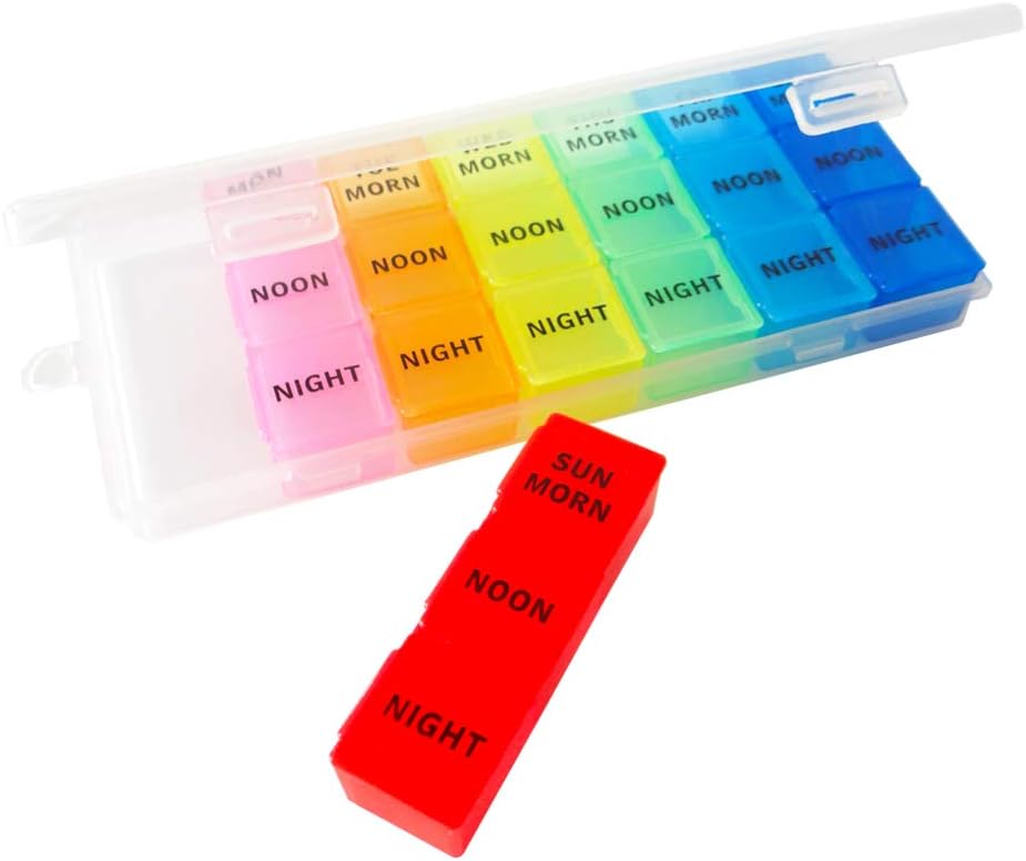 ウィークリーピルオーガナイザー、日3回、7日ピイルボックス、ポータブルトラベル処方ピルケースディスペンサー、ビタミンフィッシュオイルコンパートメント容器、毎日のカリウムDHAサプリメントホルダーリマインダー