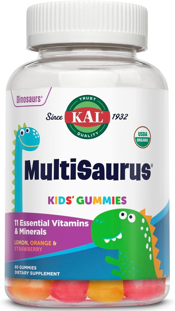 KAL MultiSaurus Multivitamin Gummies, USDA Organic Multivitamin for Kids, Healthy Bones, Immune & Energy Support, ビーガン&グルテンフリー, 人工味や色なし, 30 人前, 60 グミ