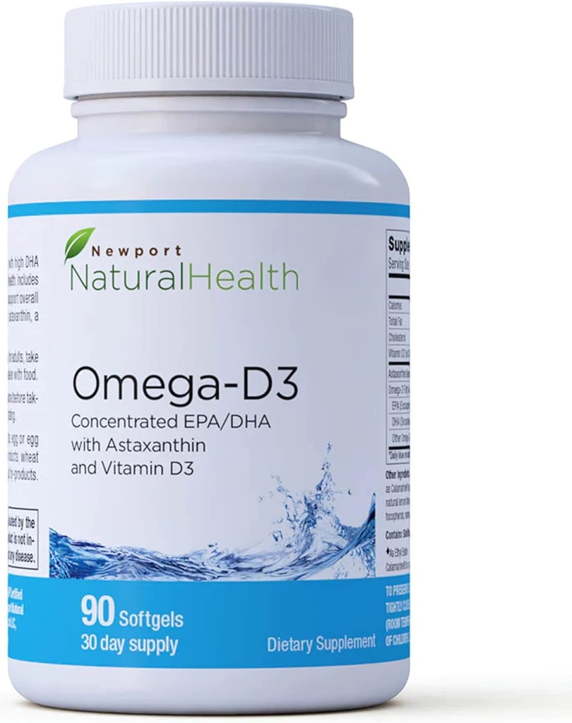 オメガD3、濃縮EPA&DHA、アスタキサンチン&ビタミンD3 | 優れたDHA&EPA 心、脳、関節、免疫の健康、持続可能なカルマリン(イカ油)から供給