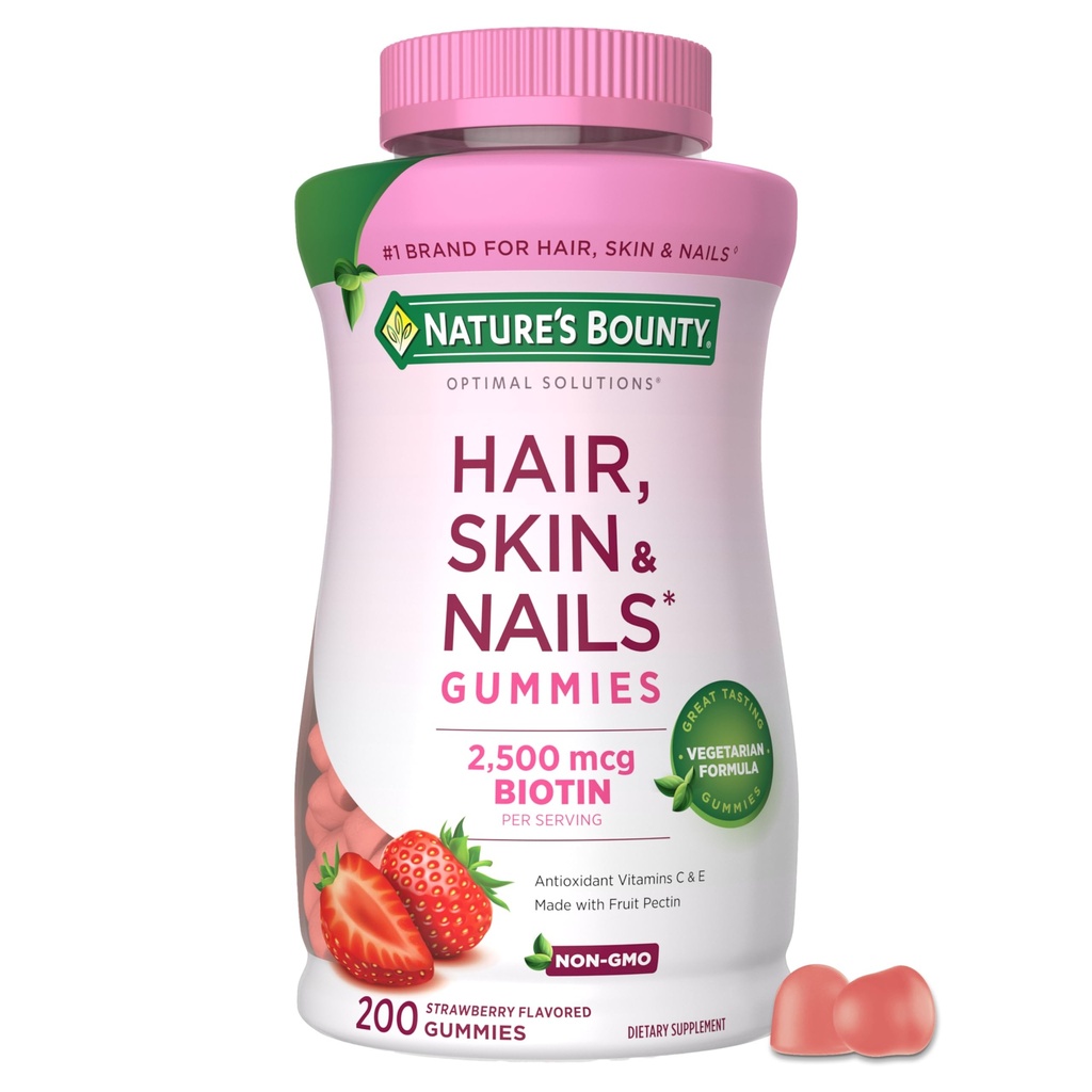 Nature's Bounty Optimal Solutions Hair, Skin and Nails Pectin Gummies, 2500 mcg Biotin Per サービング, No Stick Gummy, ベジタリアンフォーミュラ, Strawberry Flavor, 200 count, 100 Total サービング