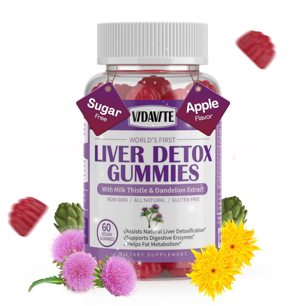 VIDAVITE の肝臓のクレンジングデトックス & 修理グミ - 砂糖を含まない, US-Made, 1500 mg ミルク アコールサプリメント アーティチョーク付き, タンポと 20 + ハーブ - 男性と女性のための肝臓サポートサプリメント (60 ビーガングミー)