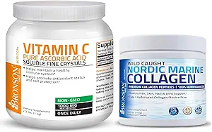 Bronson Marine Collagen Peptides Hydrolyzed Protein Powder 100% Wild Caught Nordic Cod Vitamin C Powder Pure Ascorbic Acid Soluble Fine Non GMO Crystals
