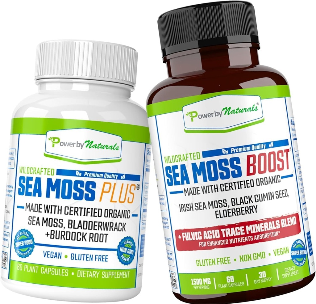 ナチュラルズ認証オーガニックシーモスカプセルバンドル(SeaMoss Plus & Sea Moss Boost)によるパワー - ワイルドクラフト、非GMO海苔生有機 - 60グルテンフリーの海苔の丸薬