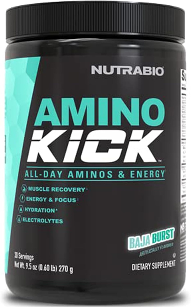 NutraBioアミノキック - 天然カフェインとBCAAパウダー - エネルギー、水和と回復のためのアミノ酸サプリメント - BCAA、電解液&アミノ酸 - バジャバースト、30のサービング