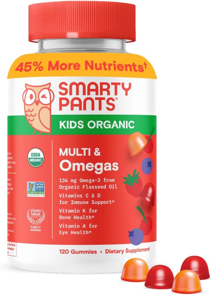 SmartyPants Organic Kids Multivitamin Gummies: Omega 3 (ALA)、ビタミンD3、C、ビタミンB12、B6、A、免疫サポート、バイオチン、ベジタリアン、3フルーツ味、120カウント(30日供給)のための亜鉛