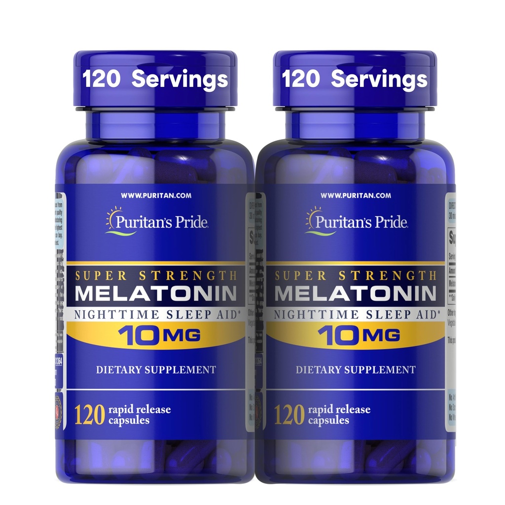 Puritan's Pride Premium Super Strength Melatonin 10mg Sleep Aid、Sound、Resful、およびLonger Sleep Supportの栄養補助食品、4ヶ月サプライ、120急速リリースカプセル、2パック(パッケージ5月Vary)