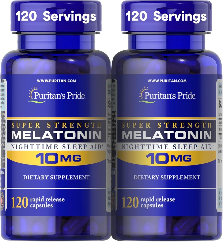 Puritan's Pride Premium Super Strength Melatonin 10mg Sleep Aid、Sound、Resful、Longer Sleep Support、4ヶ月サプライ、120急速リリースカプセル、2パック(パッケージ5月Vary)