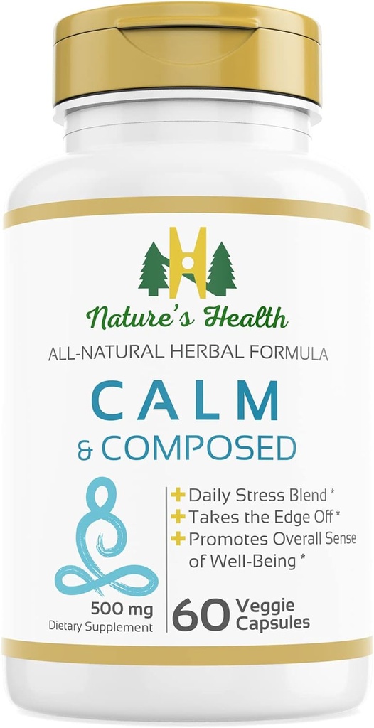Nature's Health Calm and Composed - Valerian Rootとパッションフラワーフォーミュラ - 毎日のストレス救済 - リラックスサプリメント - 給餌ごとに1000mg - 60ベジタリアンカプセル