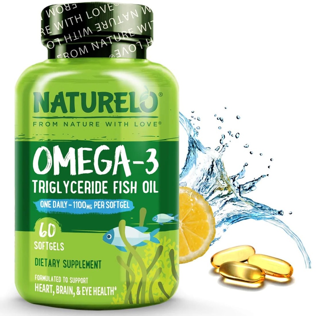 NATURELO Burplessオメガ3魚油サプリメント - 1100mgトリグリセリドオメガ3、EPA + DHA、心、目、脳、関節の健康のための液体魚油 - 60ソフトゲル、2ヶ月の供給