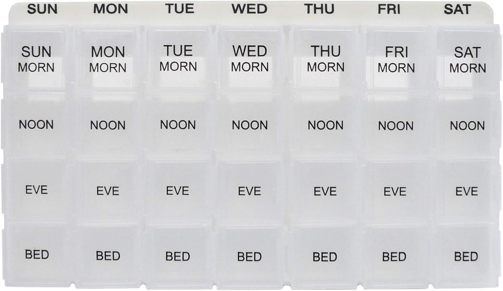 ProMed Weekly 4 Times 毎日7日間の薬用ピルオルガナイザー、ビタミン&サプリメント | 取り外し可能なクリアコンパートメント付き人間工学に基づいたピルケース | BPAフリー&メディカルグレードのプラスチック