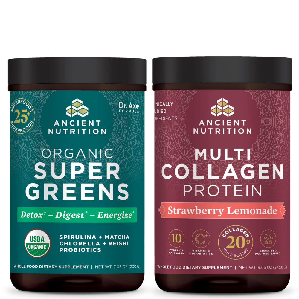 古代栄養の有機性Supergreensの粉、緑の味、25のサービング+多コラーゲン蛋白質の粉、いちごLemonade、24のサービング