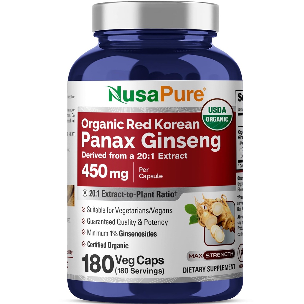 NusaPure の赤の韓国のPanax Ginseng 20:1 のエキス、9,000 mg 180 Veggieの帽子に等しい 450 の mg (USDA の有機性、非GMO、ビーガン、ベジタリアン、Bioperine)