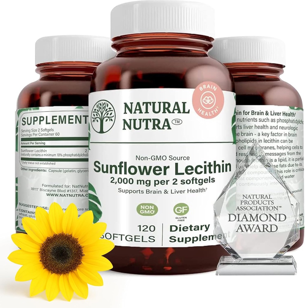 Natural Nutra Sunflower Lecithin 2000 mg Supplement, Supports Breastfeeding Moms with Plugged Milk Duct Relief, Liver & Brain Health Booster, Soy Free, Non-GMO, Gluten-Free, 120 Softgels (3 Pack)