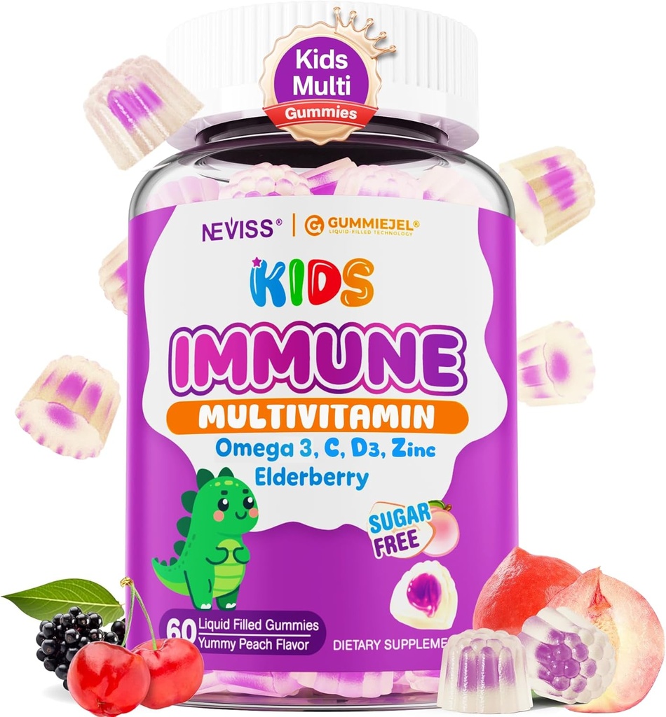 子供のMultivitamin +免疫サポートグミ、ビタミンC D3&亜鉛、オメガ3、A、E、エルダーベリー、健康な開発、免疫、骨の成長及び目の健康、砂糖のための子供のビタミンのグミ、60のCts