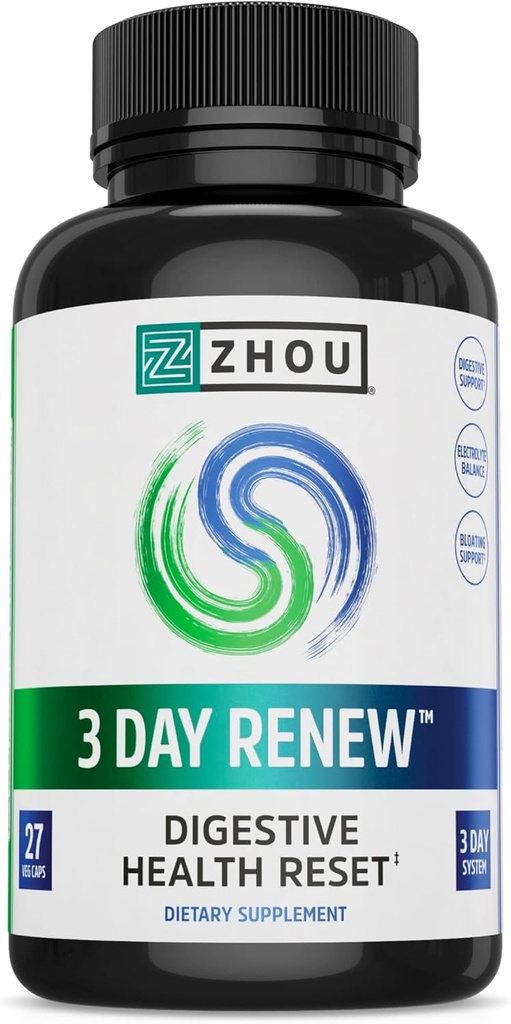 Zhou 3 Day Renew - Probiotics for Digestive Health, Probiotics for Men and Women, Gut Health & Natural Reset Support Supplement with Ginger and Aloe - 27 Veg Caps