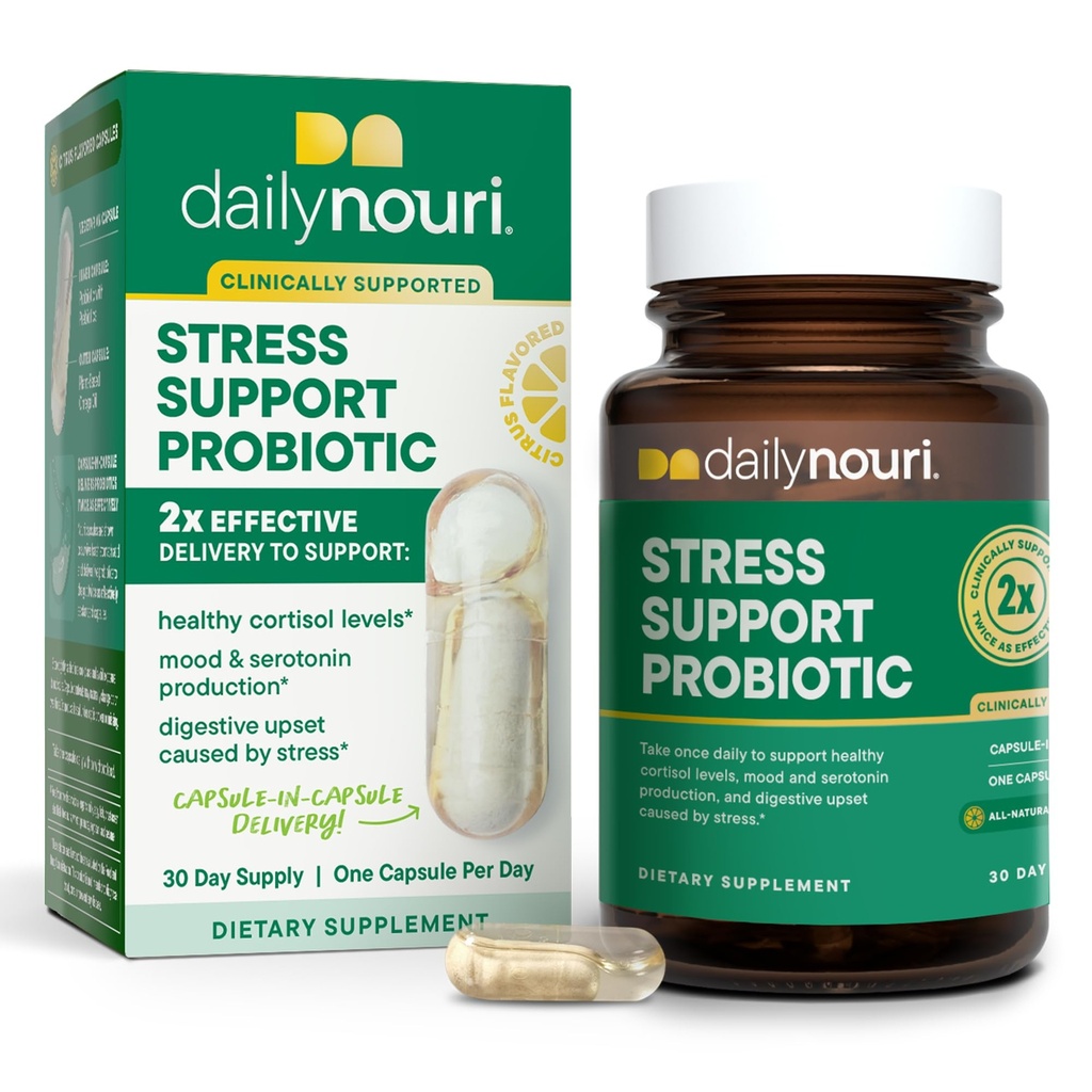 Daily Nouri Stress Support Probiotics for Women & Men | Mood & Cortisol Support | Gut-Brain Axis + Digestive Support | 3 Clinically Studied Strains + Omega | 30-Day Supply