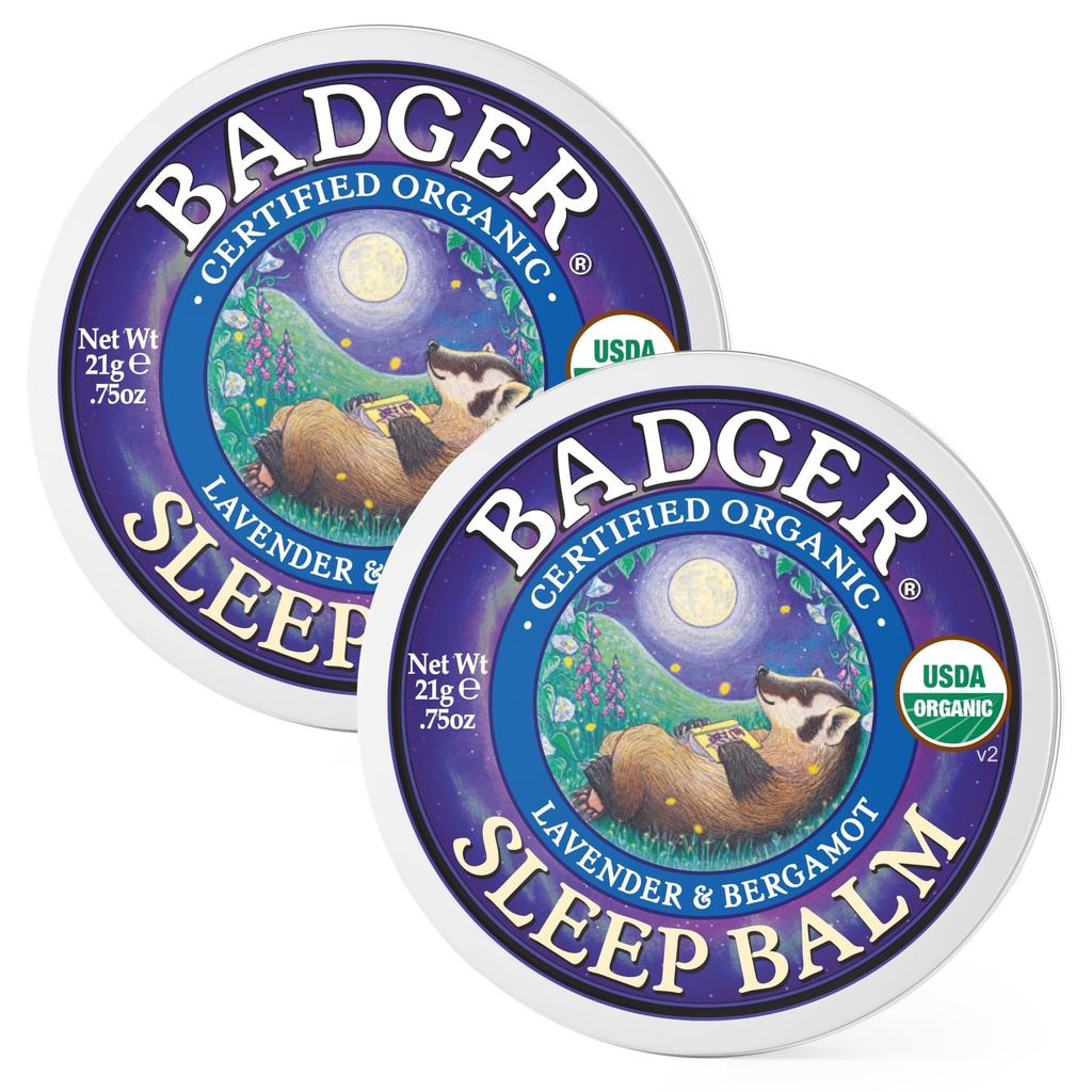 Badger Sleep Balm, オーガニックエッセンシャルオイルアロマセラピー ナチュラルスリープバーム for 大人&子供, リラックス&Calming Lavender & Bergamot ナチュラルスリープサポート, .75 oz Tin, 2-Pack