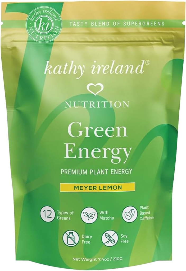 Kathyアイルランドの極度の緑エネルギーの粉、抹茶及び緑茶、免疫及び消化器サポート補足、加えられた砂糖、Meyerのレモン味、7.4のozのきれいなエネルギー飲み物の組合せ