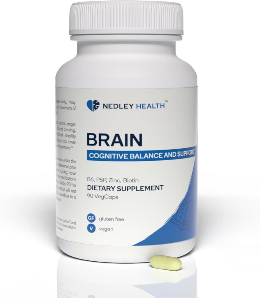 Brain - Balanced Neurotransmitter Support Supplement - Zinc, B6, Biotin for Cognitive Function - 90 Veggie Capsules (Brain)