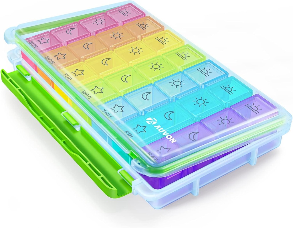 AUVON iMedassistモイスチャープロフ週刊ピルオーガナイザー4日4回、ビタミン、サプリメント、薬を握る取り外し可能な個々のピル容器と旅行するための大型7日ピルボックスポータブル