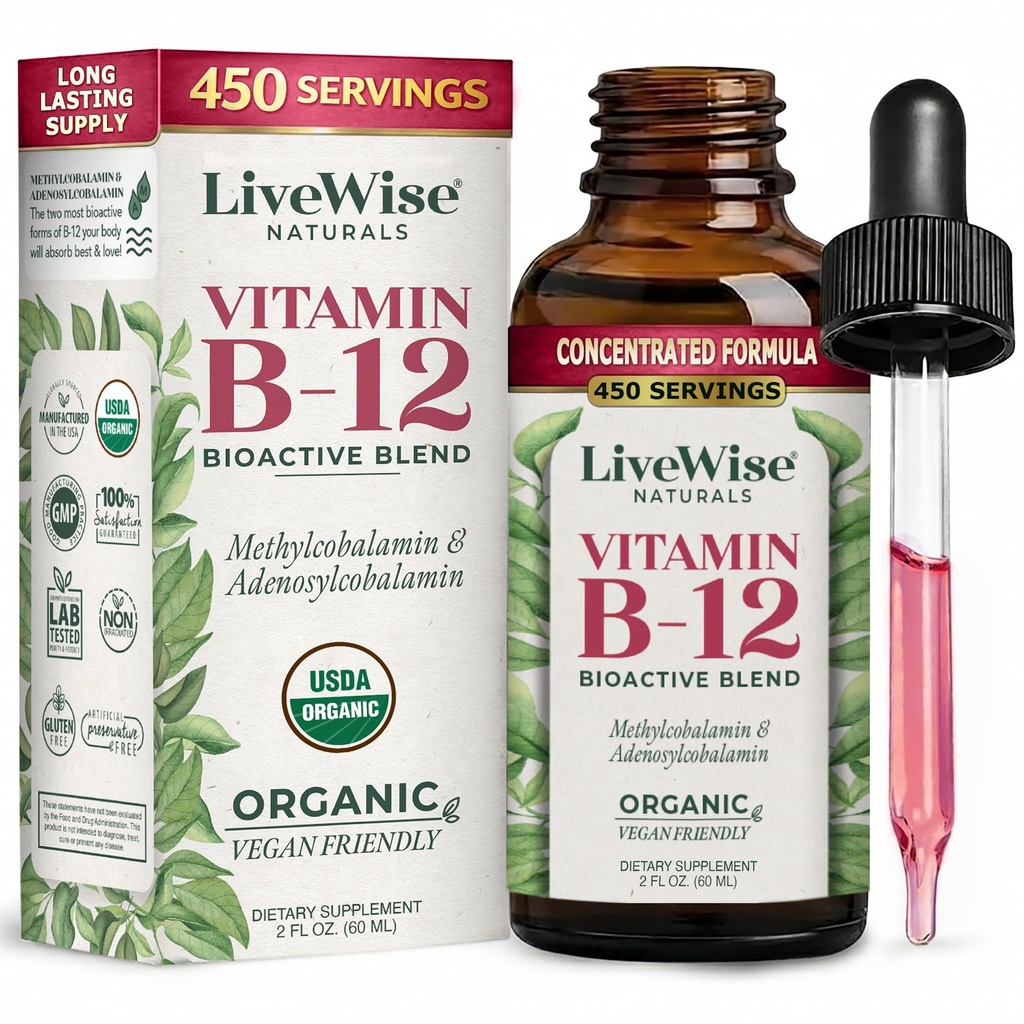 液体B12ビタミンサブリンガル - オールナチュラル液体ビタミンビーガンB12ドロップ - 非GMOアデノシルコバルアミンメチルコバラミンB12サプリメント - あなたの免疫システム、代謝、エネルギーと焦点をブースト!