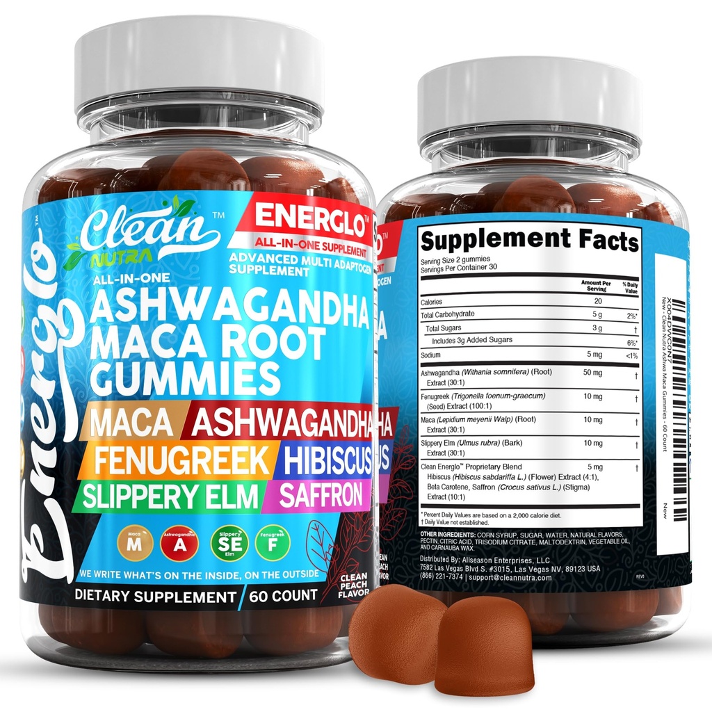 Ashwagandha Maca Root Gummies with Fenugreek Hibiscus slippery Elm Saffron Extract & Beta Carotene | ピーチ フレーバー ヴィーガン ビタミン アダプトゲン コルチゾール サプリメント エネルグロ クリーン ヌートラ
