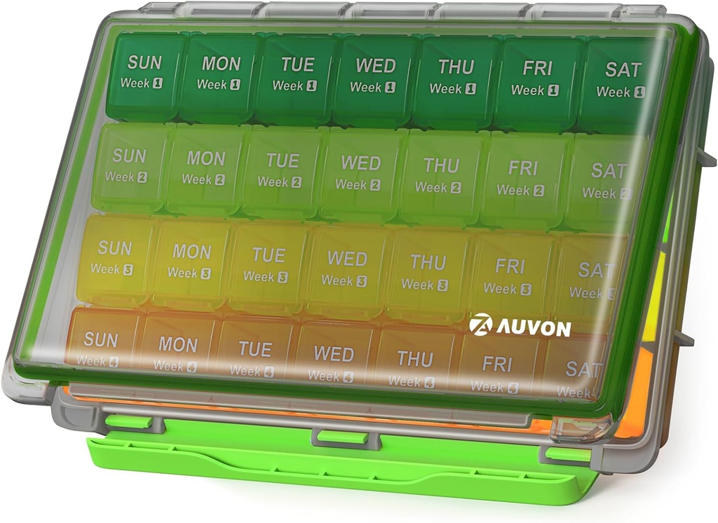 AUVON 月間ピル オルガナイザー、取り外し可能な 4 週間の薬用オーガナイザーの列、魚油、ビタミン、サプリメント、薬を貯えるために旅行フレンドリー
