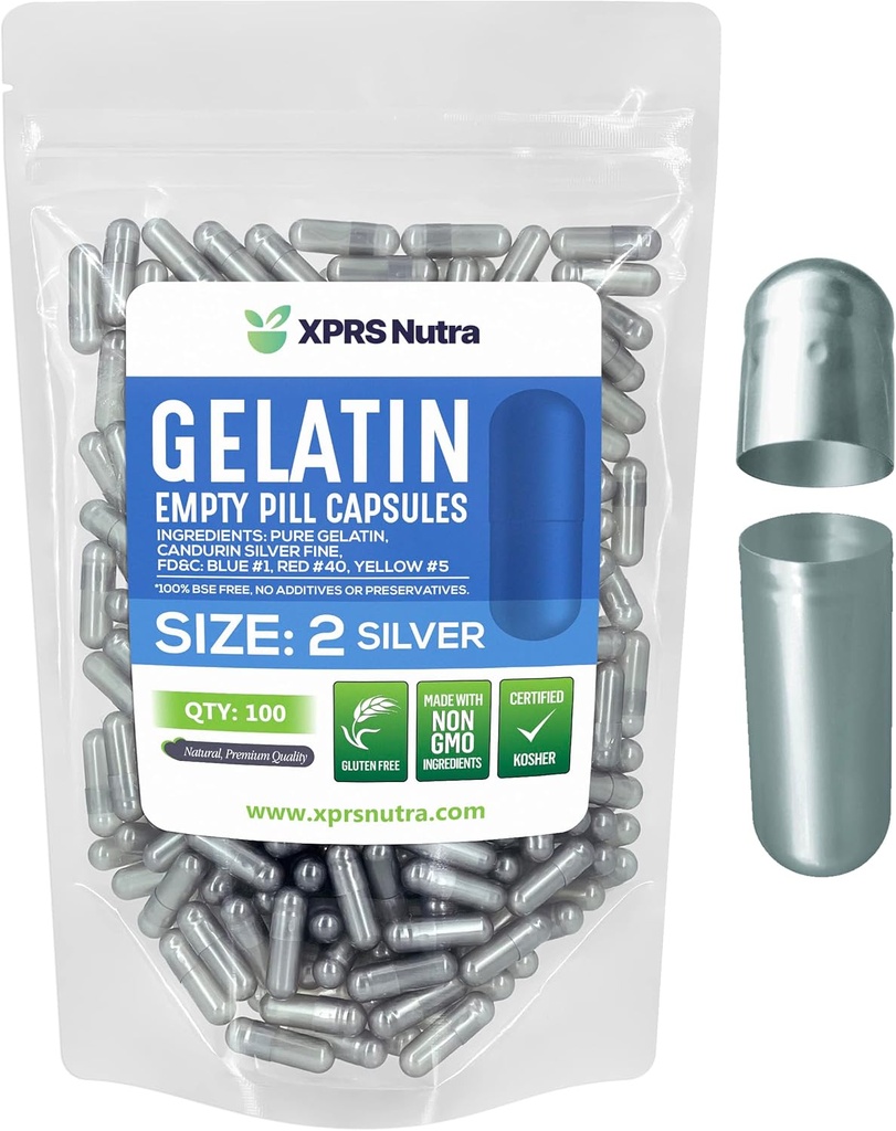 XPRSのNutraのサイズ2の空のカプセル- 100の計算の空のゼラチンのカプセル-Pills DIYのカプセルの詰物-Do-It-Yourselfの補足のための純粋な牛のゲルの帽子(銀)