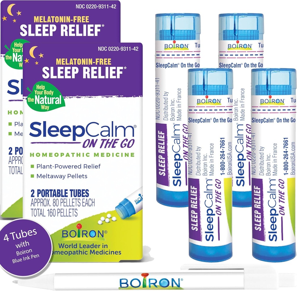 Boiron SleepCalm On The Go Sleep Aid for Deep, Relaxing, Restful Nighttime Sleep - Melatonin-Free と Non Habit-Forming - 80 Count per Tube - 4 Tube と Blue Pen