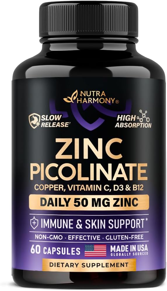 亜鉛ピコリン酸塩50mg - 銅、ビタミンD3&B12と亜鉛サプリメント - 胃フレンドリー | スローリリース - 免疫サポート&皮膚健康 - バイオパイン&ビタミンCで高吸収 - 60カプセル