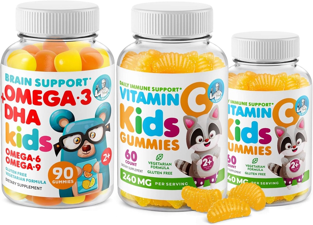 Omega-3 DHA グミー & ビタミン C 子供と大人のためのグミー – 免疫サポート, 低砂糖, ゼラチンフリー, ベジタリアン, トゥードルのための咀嚼可能なビタミン
