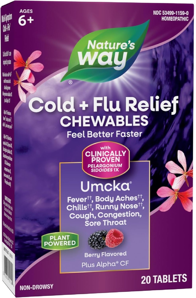Nature's Way Cold+Fluリリーフ、Umcka、Severity、Multi-Symptomリリーフ、ホメオパシー、フェニレフリンフリー、非眠気、ベリーフレーバー、20Chewableタブレット(パッケージ5月Vary)