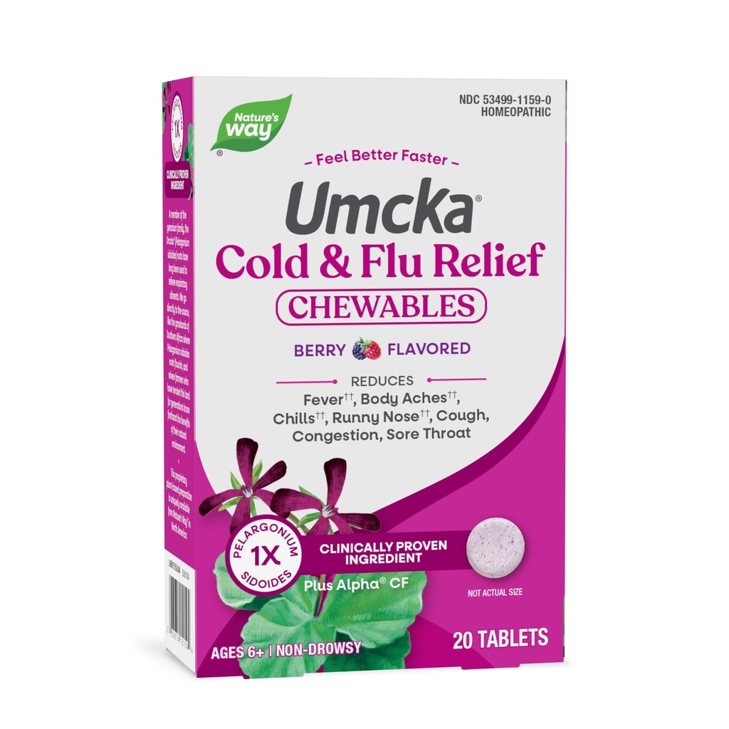 Nature's Way Cold+Fluリリーフ、Umcka、Severity、Multi-Symptomリリーフ、ホメオパシー、フェニレフリンフリー、非眠気、ベリーフレーバー、20Chewableタブレット(パッケージ5月Vary)