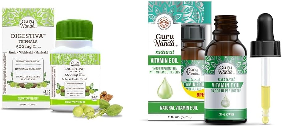 GuruNanda Digestiva Triphala(240錠)&ビタミンEオイル(2 Fl Oz) - ダイジェストをサポートし、Bloating&Constipation、Amla、Hariitaki&Bibhitakiと栄養補助食品を支援