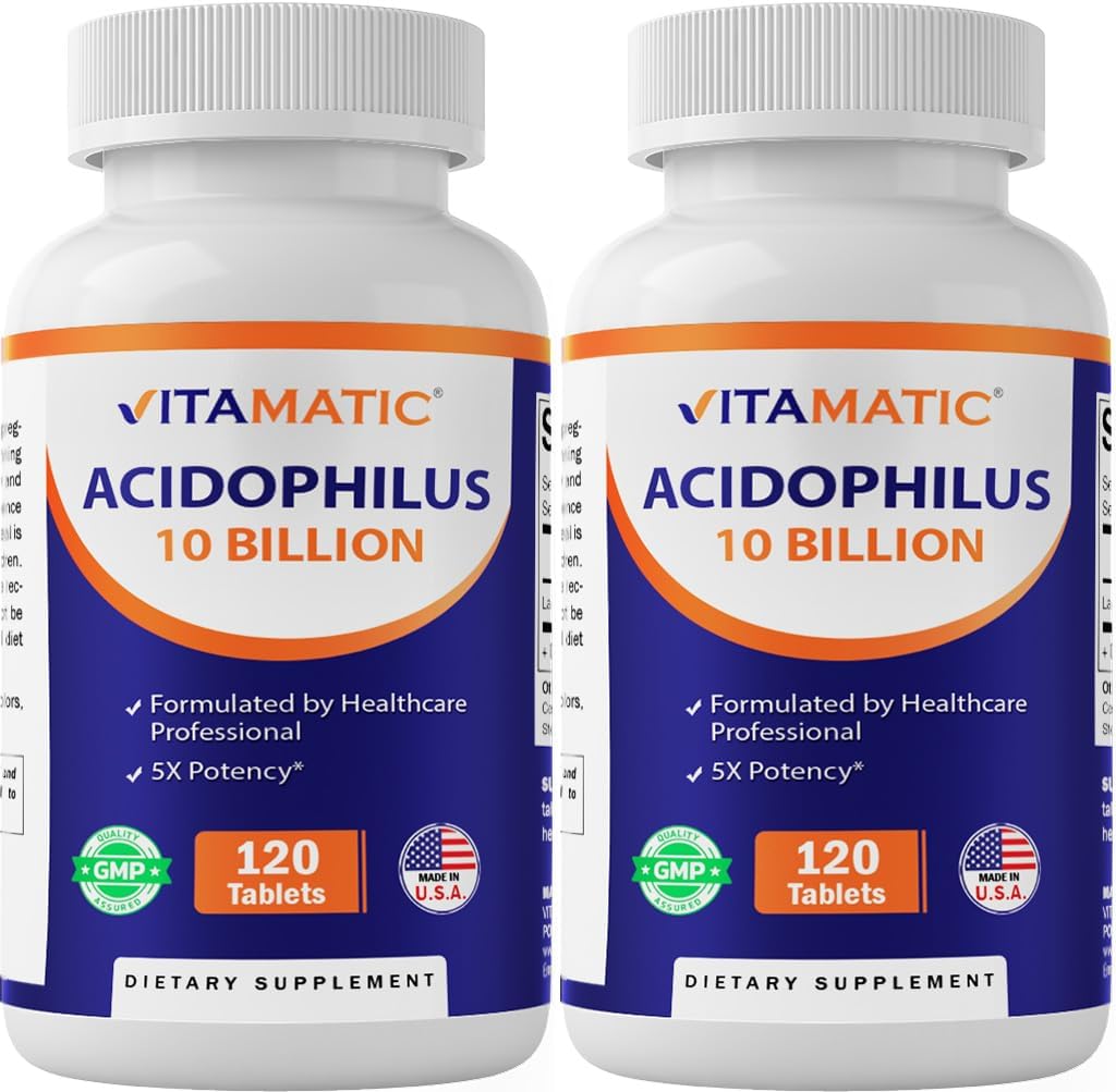 Vitamatic 2 パックの Acidophilus プロバイオティック - 10 億 CFU - 120 錠 - 5X 錠 - 毎日のプロバイオティック サプリメント、ダイジェスト健康をサポート (合計 240 錠)