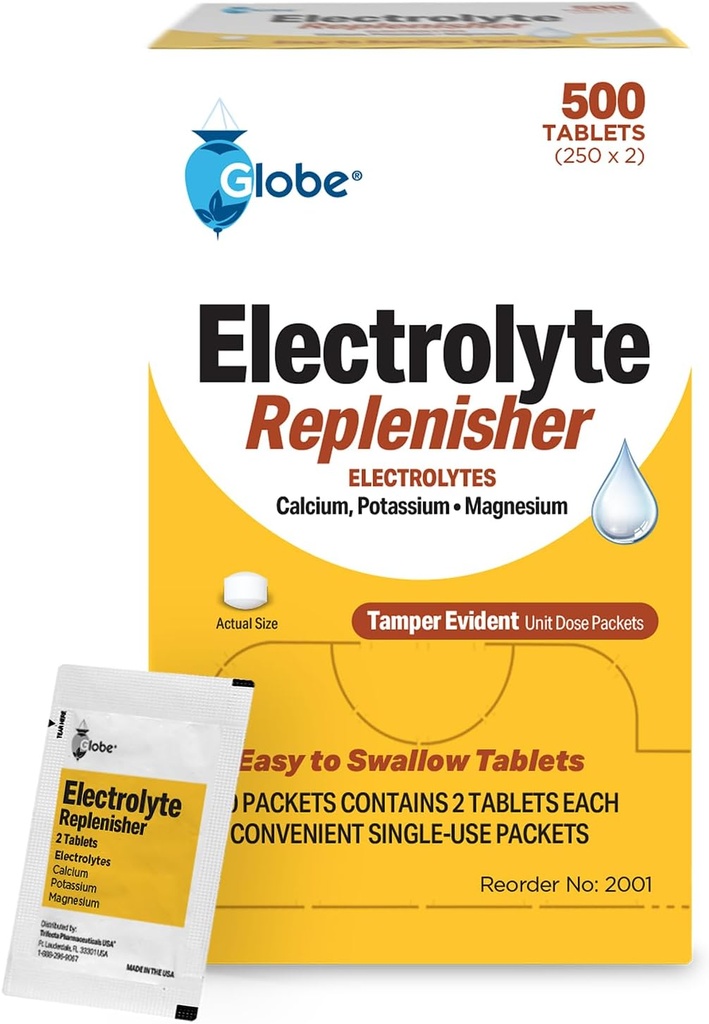 Globe Electrolyte Replacement Tablets for Rapid Hydration & Exercise Recovery (500 Tablets, 250 Packets of 2) for Athletes, Hiking & Sports, Travel Packets with Key Nutrients for Optimal Endurance