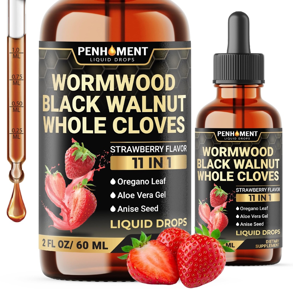 11in1 Wormwoodの液体の低下 - 全クローブ、Reishi、ペパーミント、オレガノ、アロエベラ、アニスの種が付いている黒いクルミのWormwoodの液体のエキス- 2 FL OZ - 60日の供給-いちごの味
